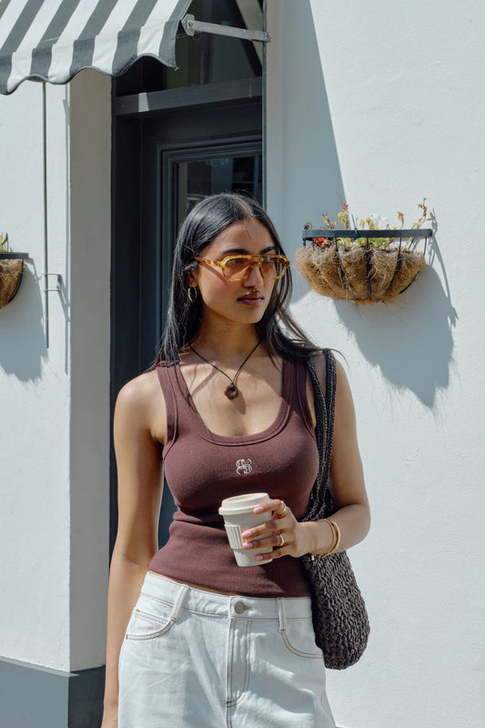 Zoe Contour Rib Logo Tank ~ Chocolate