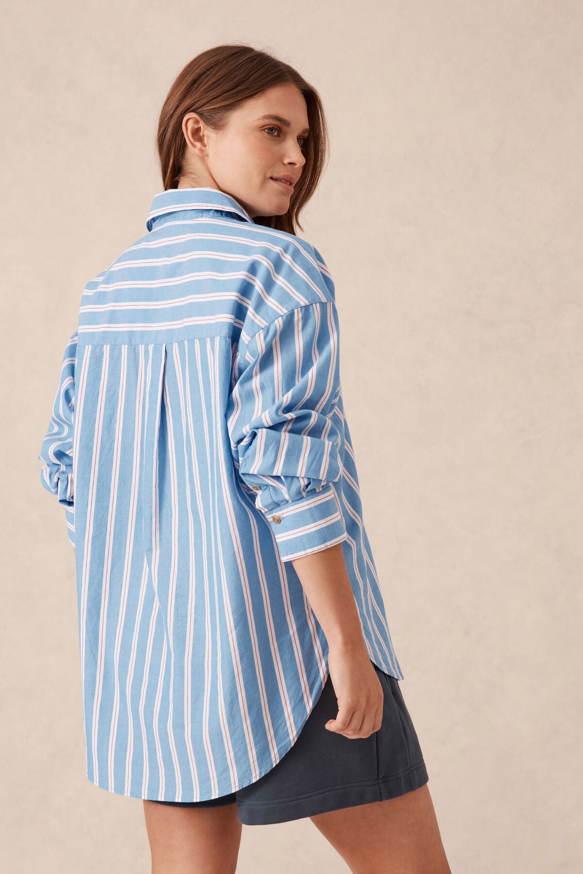 Oversized Poplin Shirt Blue White Red Stripe ~ Organic Cotton