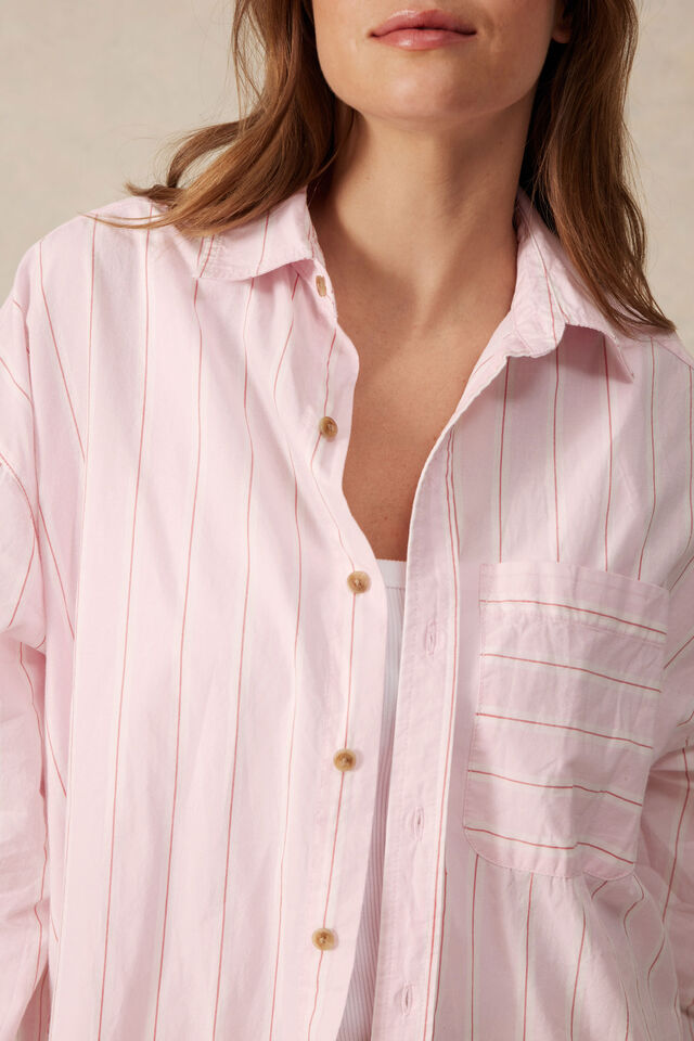 Oversized Poplin Shirt Pink White Red Stripe