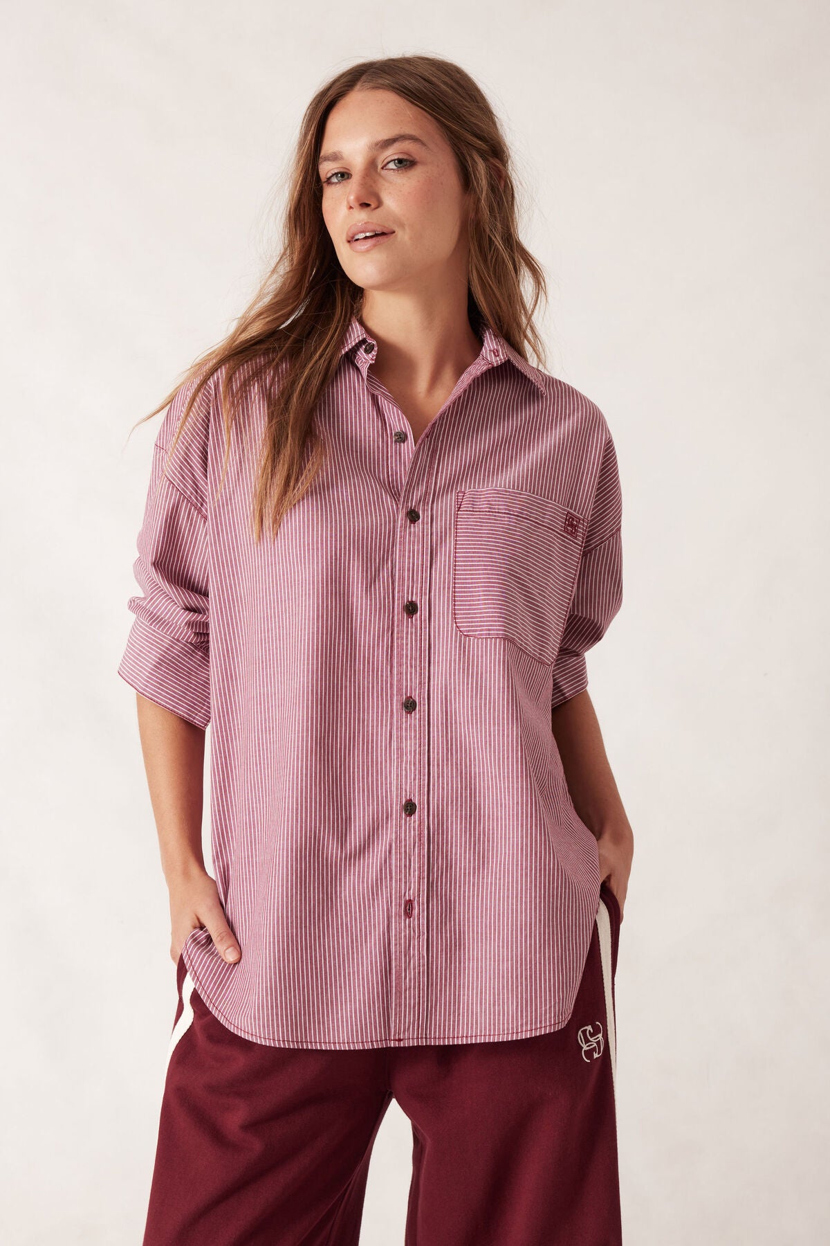 Peta Oversized Shirt Burgundy White Stripe