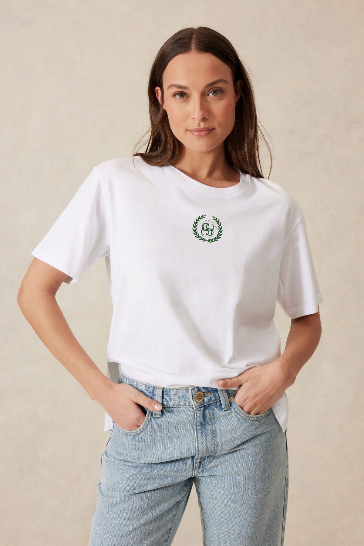 Slouchy Split Hem Tee White / Winter Green Country Club