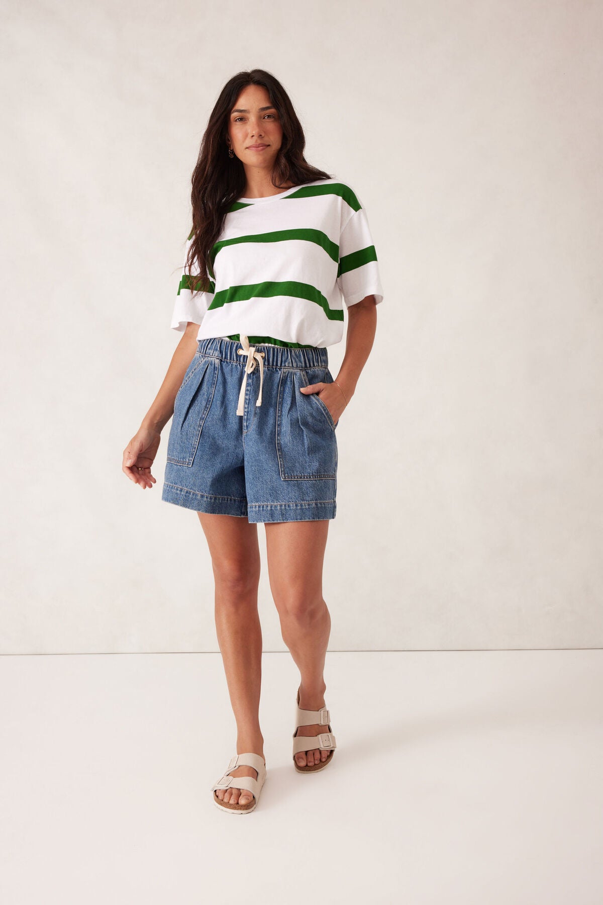 Stevie Slouchy Split Hem Tee Winter Green Stripe
