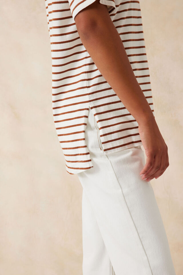 Longline Step Hem Tee - Vanilla and Tobacco Stripe