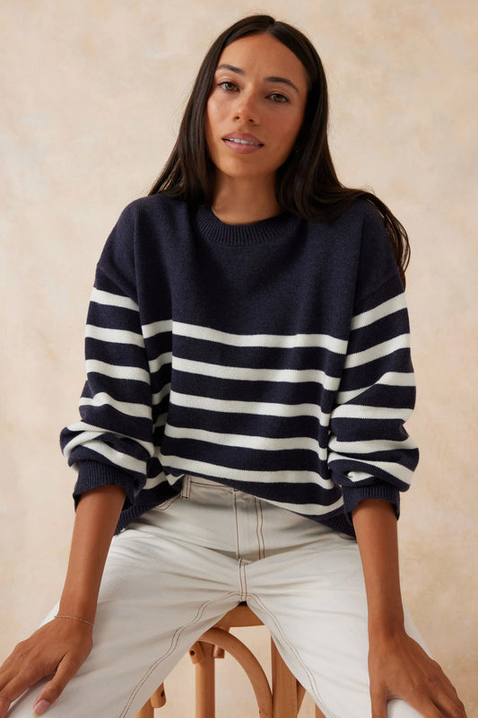 Boxy Knit with Embroidery Navy Winter White Stripe