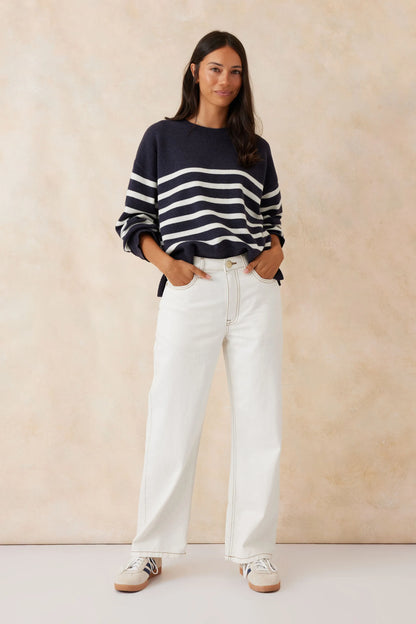 Boxy Knit with Embroidery Navy Winter White Stripe