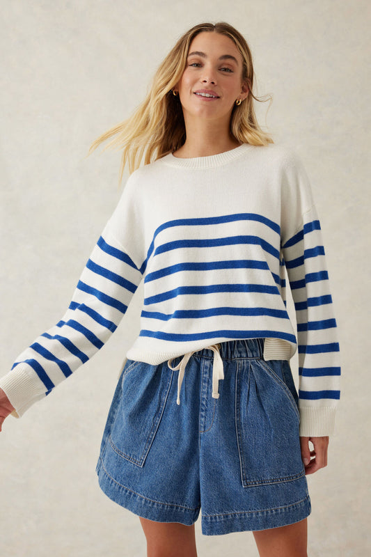 Boxy Knit with Embroidery Winter White Bright Blue Stripe