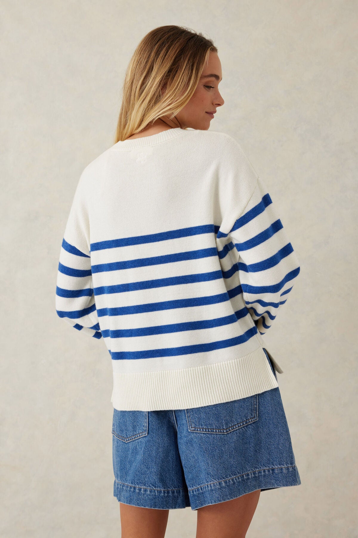 Boxy Knit with Embroidery Winter White Bright Blue Stripe