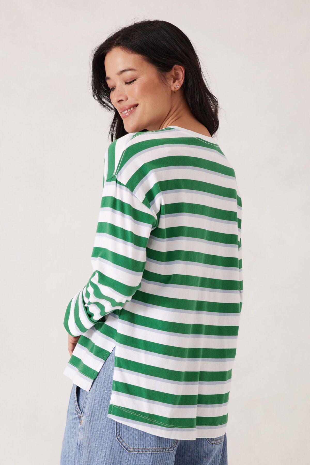Slouchy Long Sleeve Tee Green Stripe