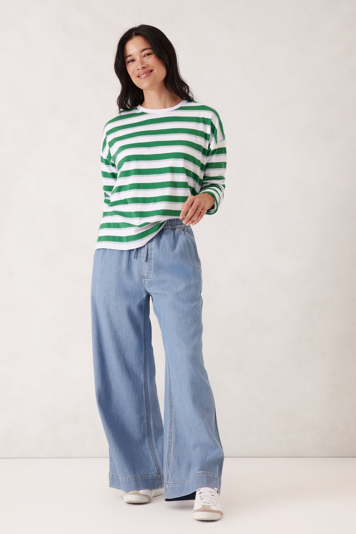 Slouchy Long Sleeve Tee Green Stripe