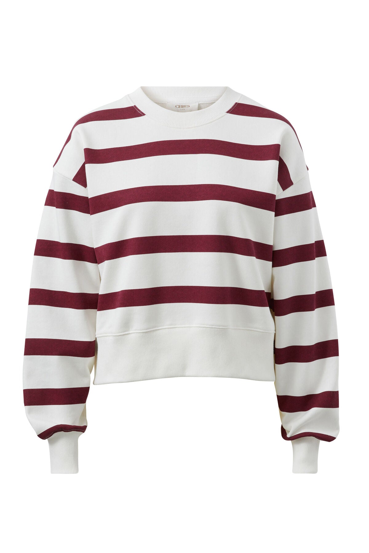 Cropped Slouchy Crew Burgundy Stripe