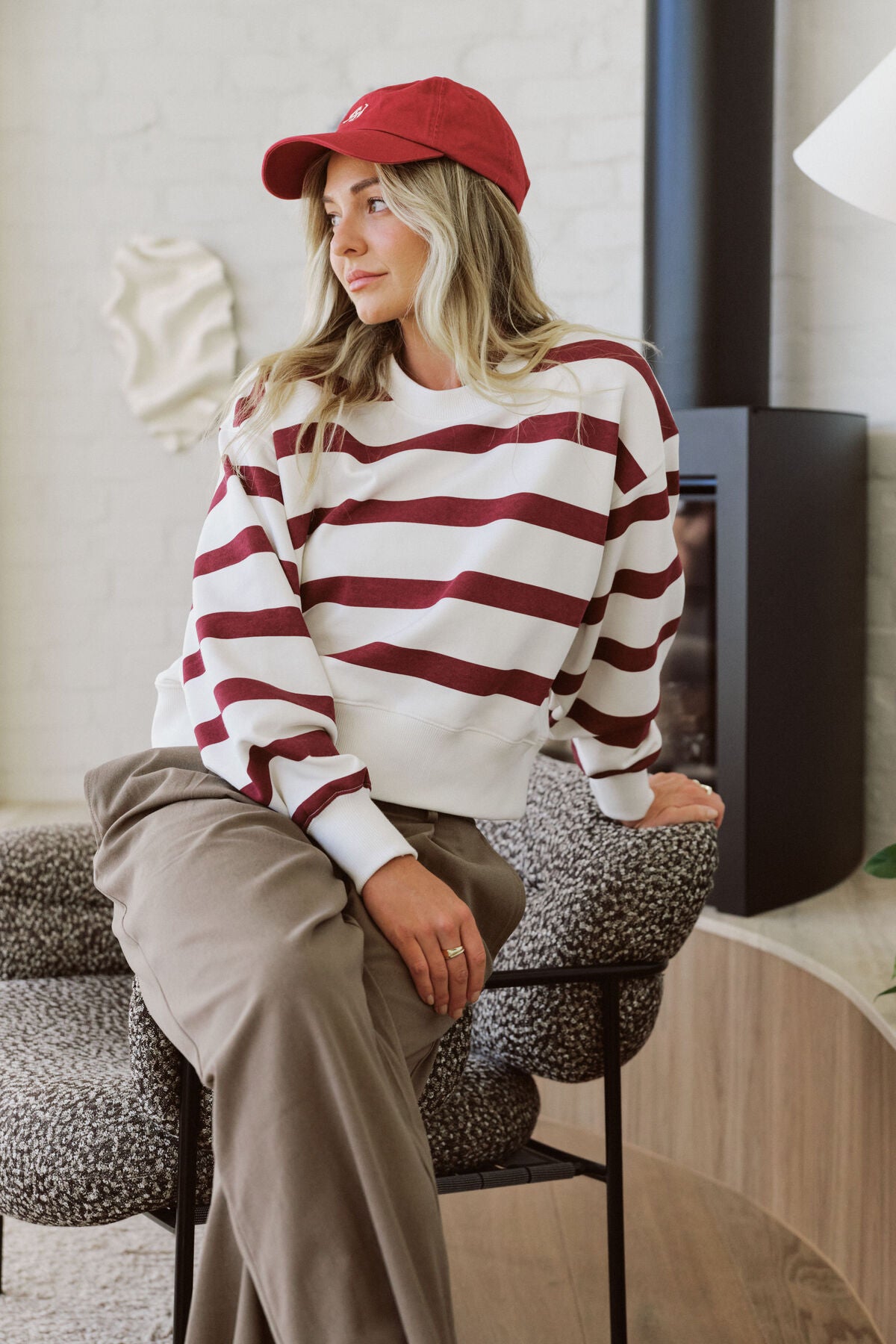 Cropped Slouchy Crew Burgundy Stripe