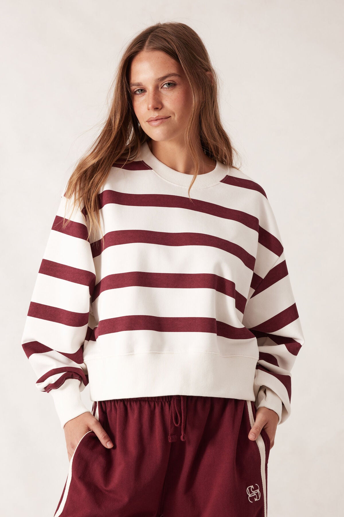 Cropped Slouchy Crew Burgundy Stripe