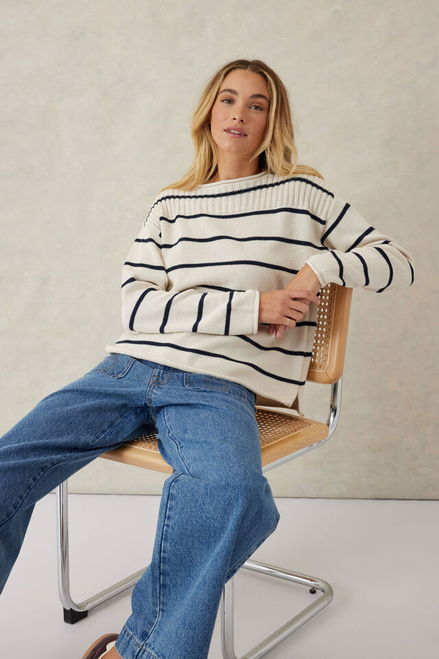 Ladder Stitch Knit Ecru Navy Stripe