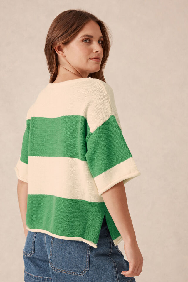 Boxy Knit Tee Grass Bold Stripe