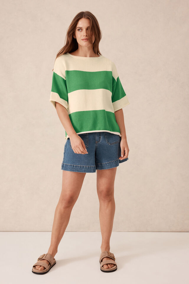 Boxy Knit Tee Grass Bold Stripe