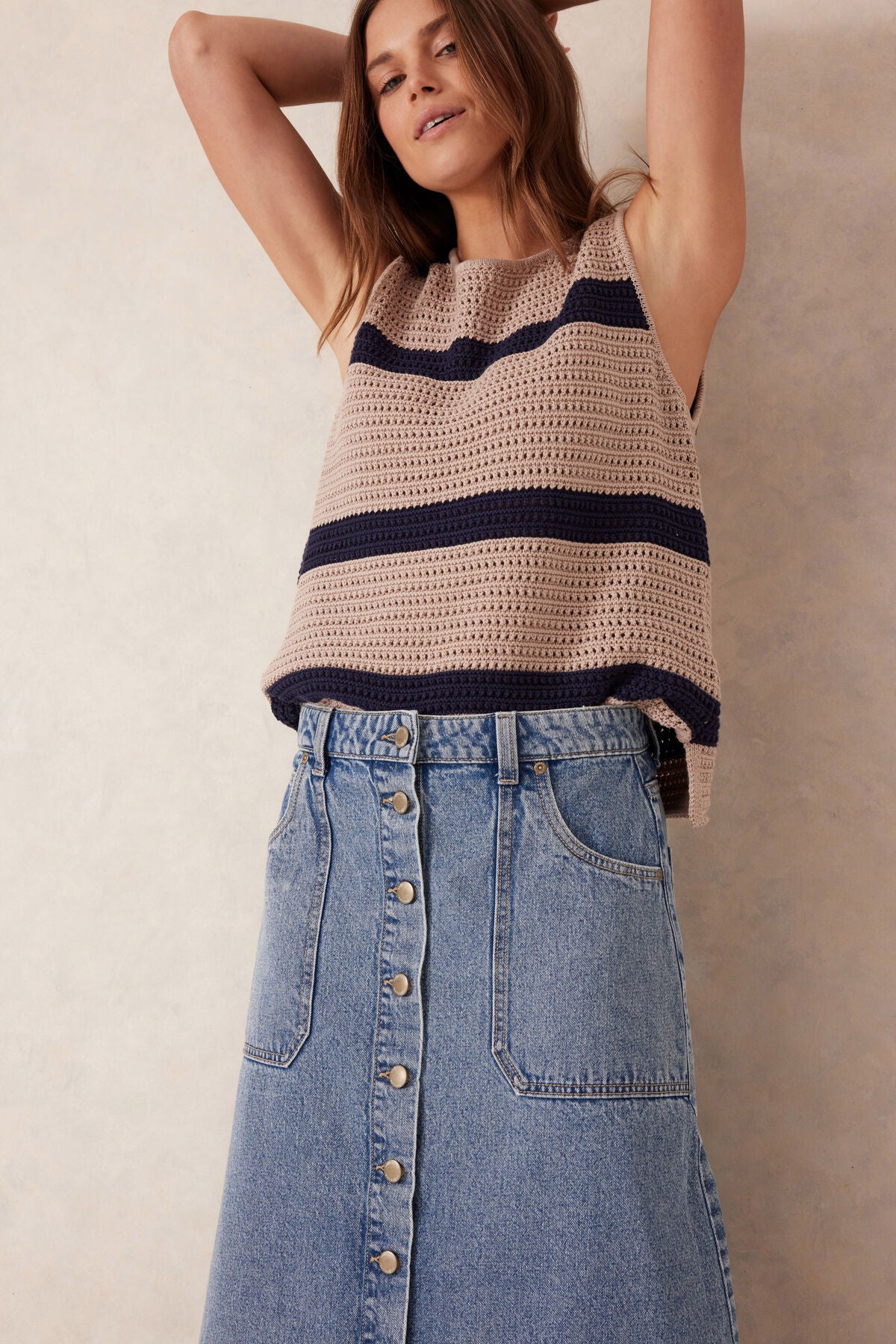Button Through Denim Midi Skirt