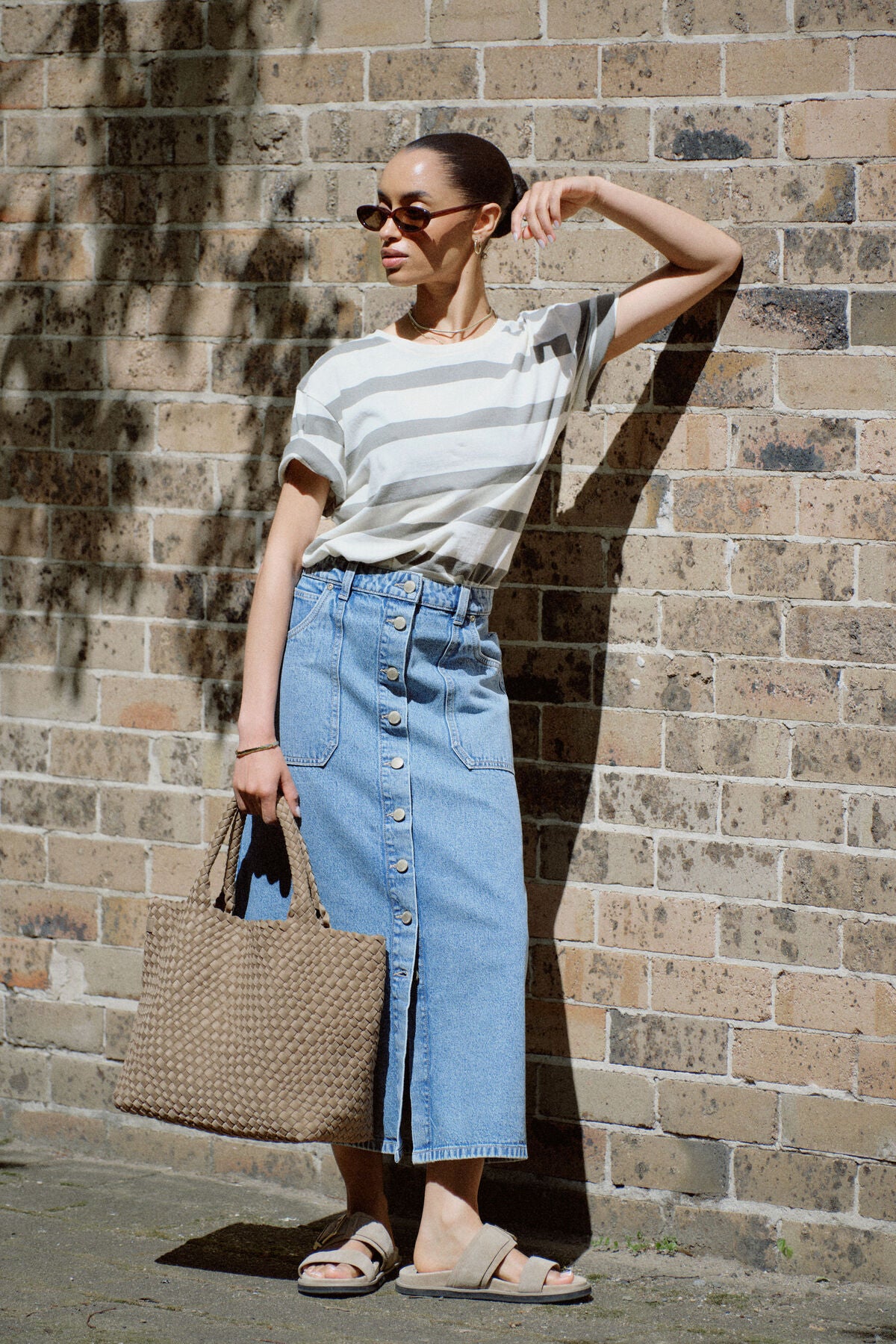 Button Through Denim Midi Skirt