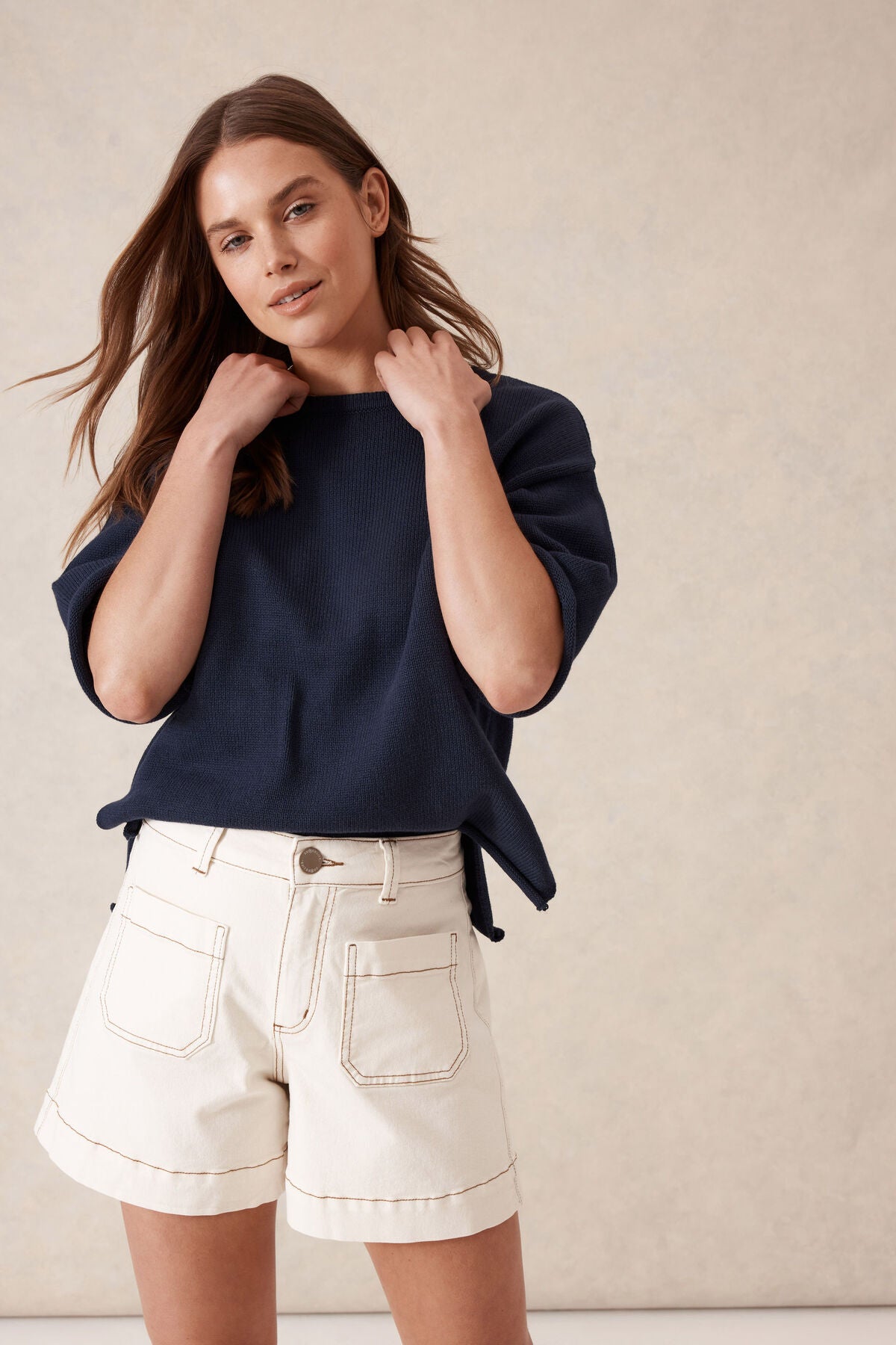 Esther Denim Patch Pocket Short ~ Eggshell