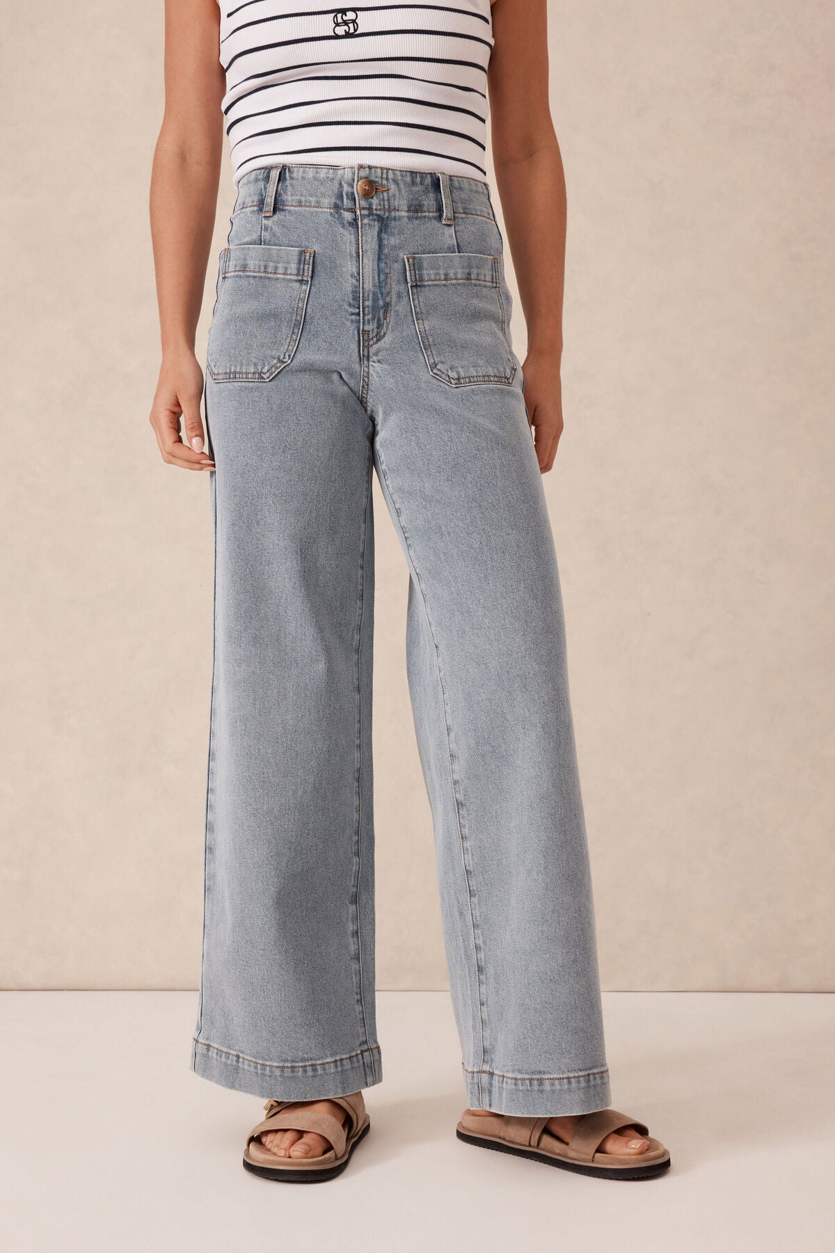 Wide Leg Front Pocket Jean Vintage Blue