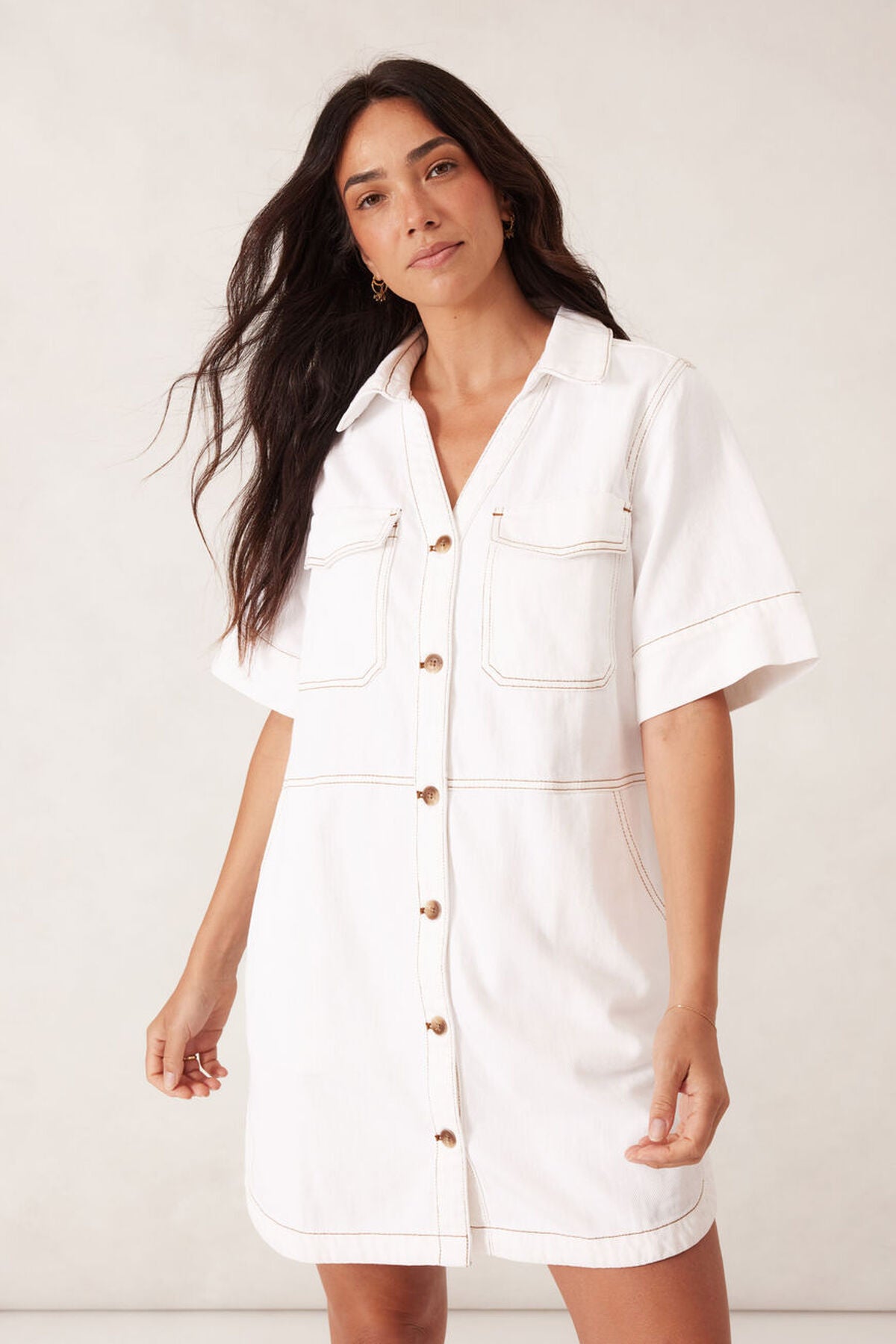Side Pocket Boxy Shirt Dress Ecru
