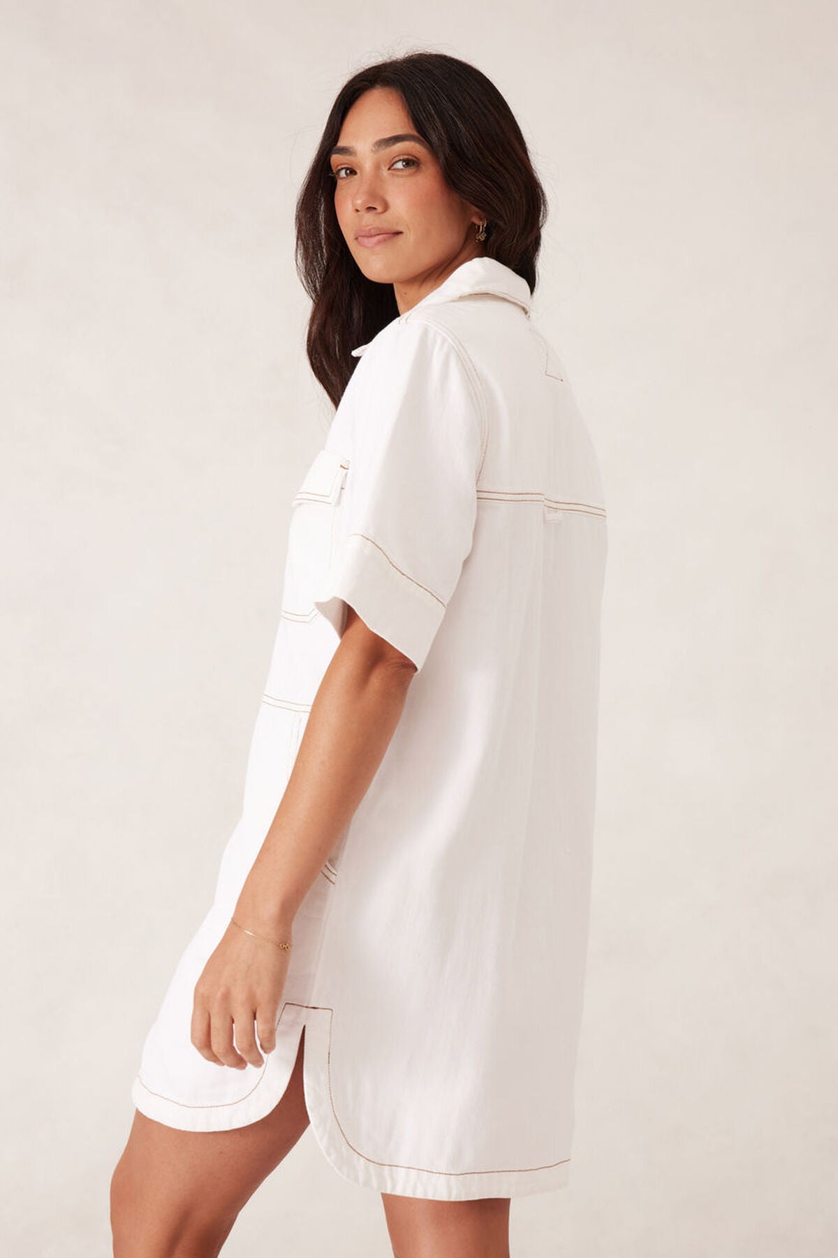 Side Pocket Boxy Shirt Dress Ecru