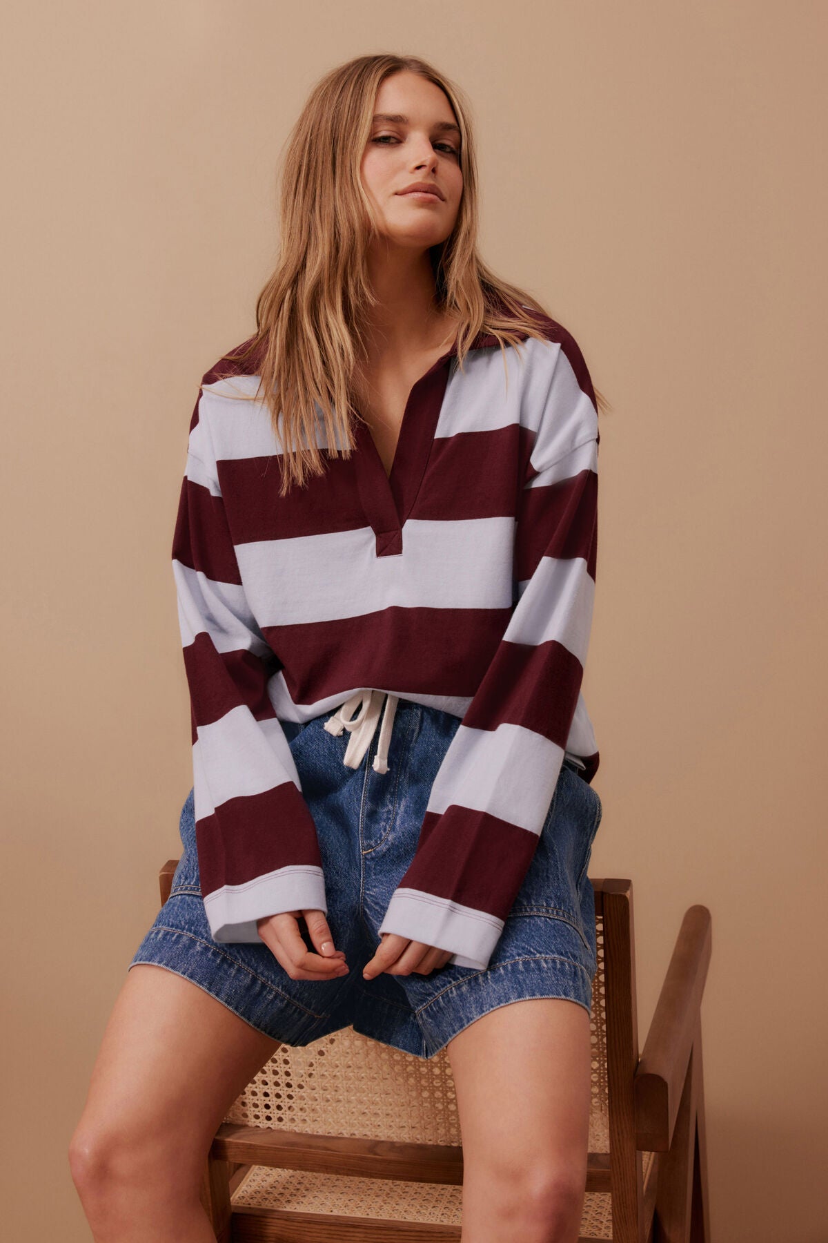 Shelby Slouchy Rugby Top Chalk Blue Raisin Stripe