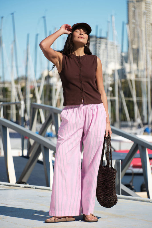 Lyla Button Through Rib Tank Chocolate