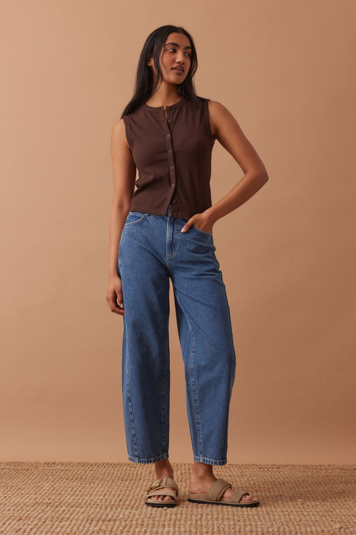 Lyla Button Through Rib Tank Chocolate
