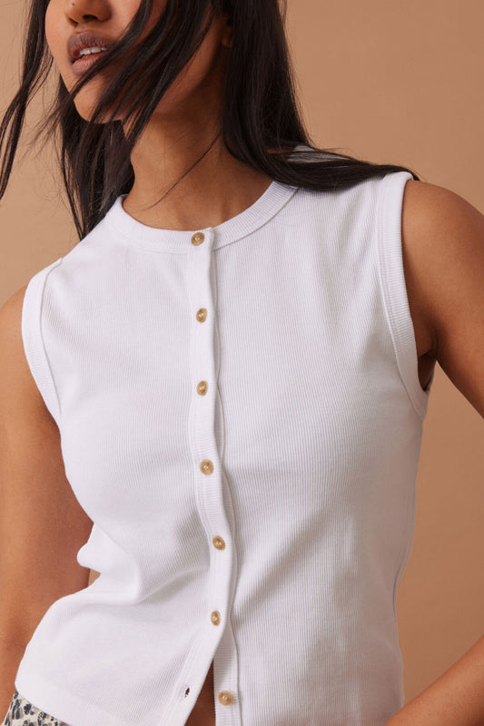 Lyla Button Through Rib Tank White