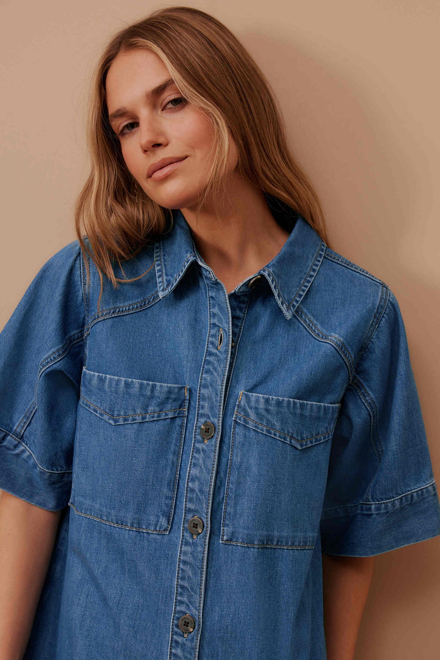 Ava Short Sleeve Yoke Detail Mini Dress Fresh Indigo