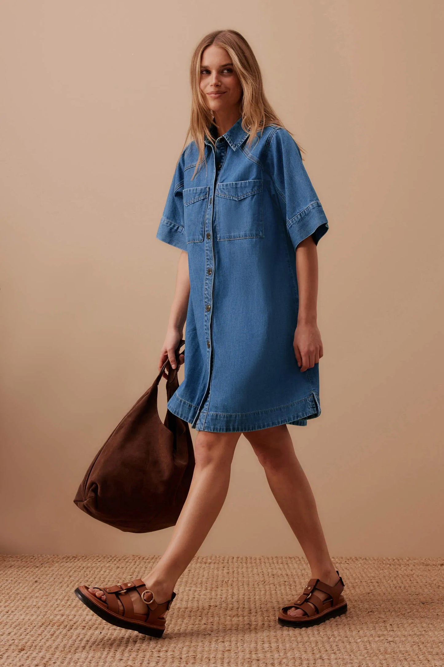 Ava Short Sleeve Yoke Detail Mini Dress Fresh Indigo