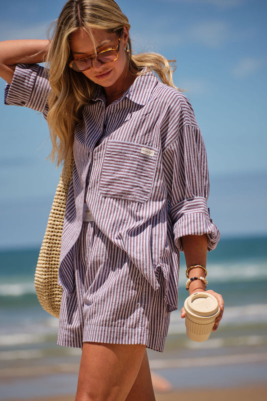Miya Shirt ~ Wine Blue Stripe