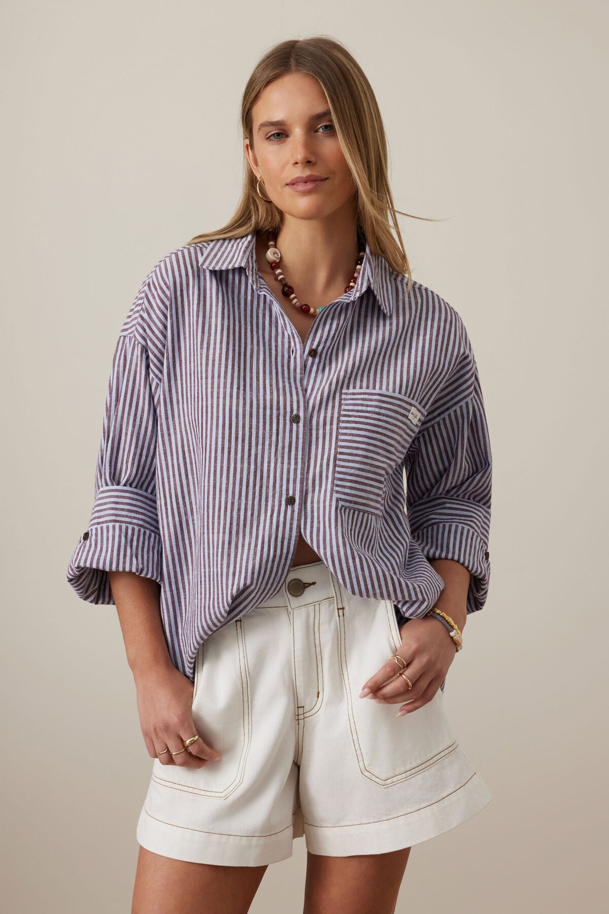 Miya Shirt ~ Wine Blue Stripe