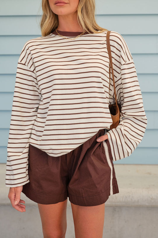 Beau Long Sleeve Slouchy Tee ~ Milk + Brown