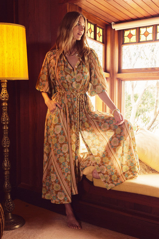 Mabel Pleated Neck Midi Dress Coral