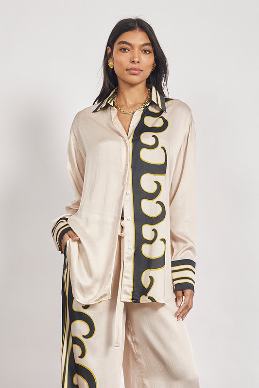 Tide Long Sleeve Satin Shirt in Ecru