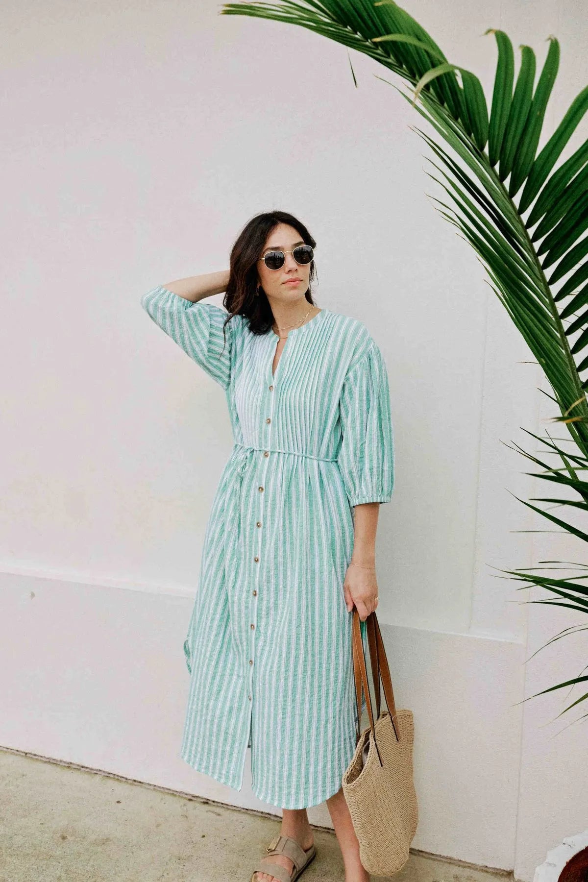 Crinkle Midi Dress Grass Green and White Stripe