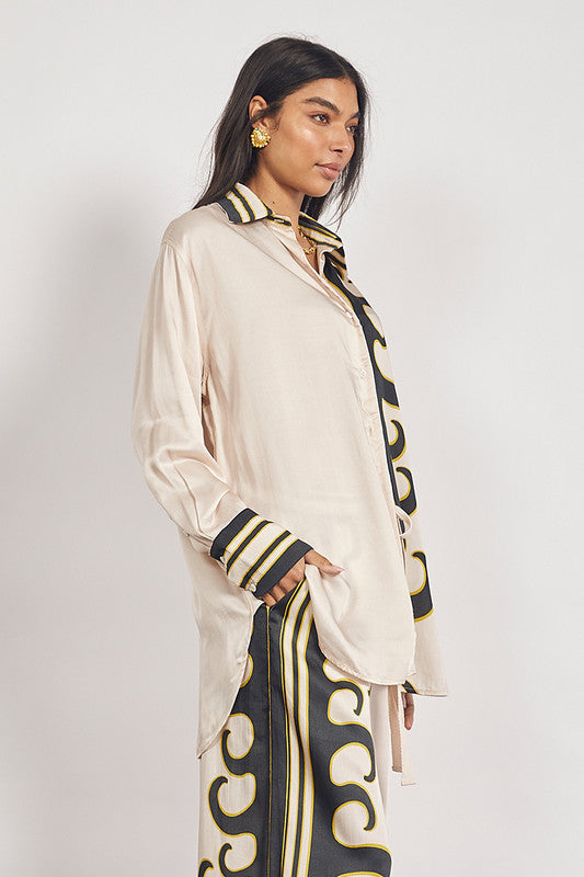 Tide Long Sleeve Satin Shirt in Ecru