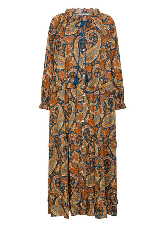 Paisley Ruffle Neck Maxi Navy