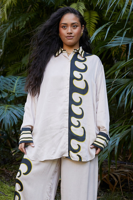 Tide Long Sleeve Satin Shirt in Ecru