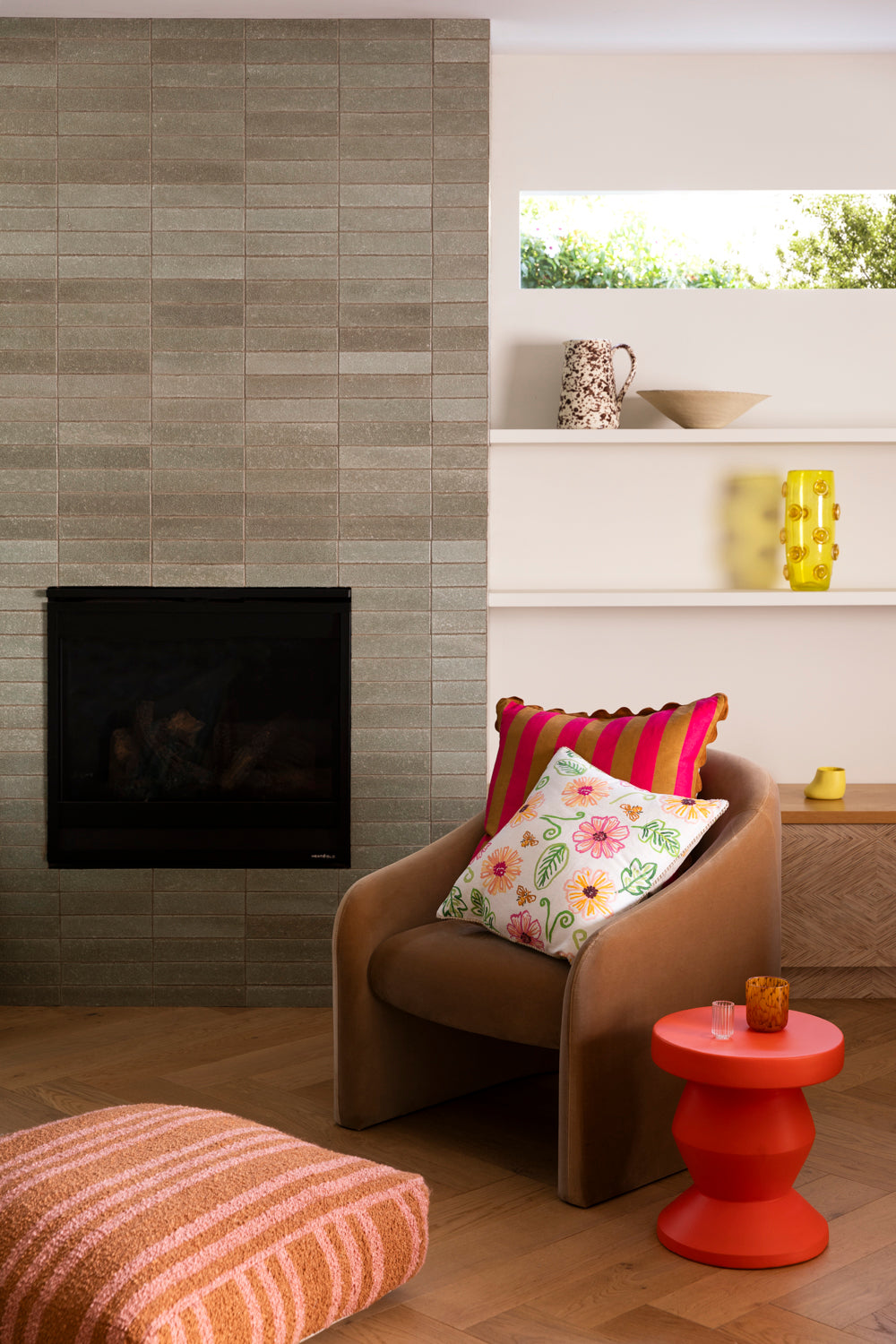 Boucle Trio Stripe Tan Pink Pouffe