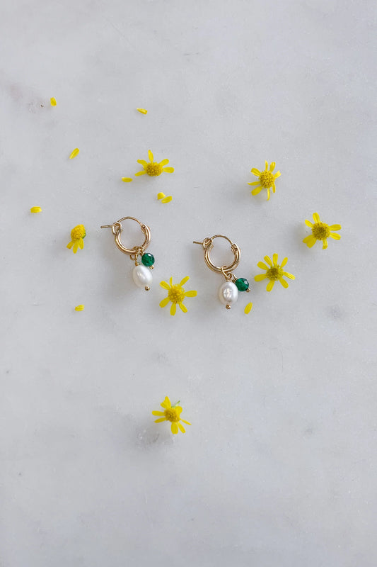 Pearl and Green Agate Hoops Gold Fill