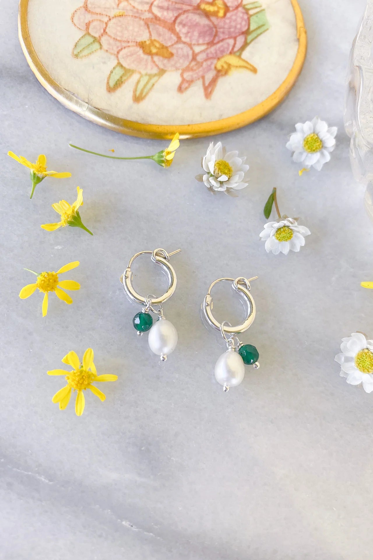 Pearl and Green Agate Hoops Sterling Silver