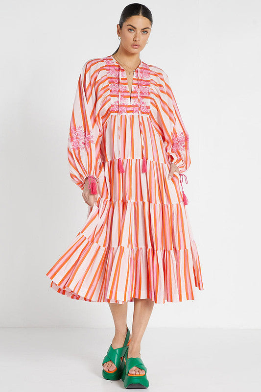 Boho Midi Dress Pink Stripe