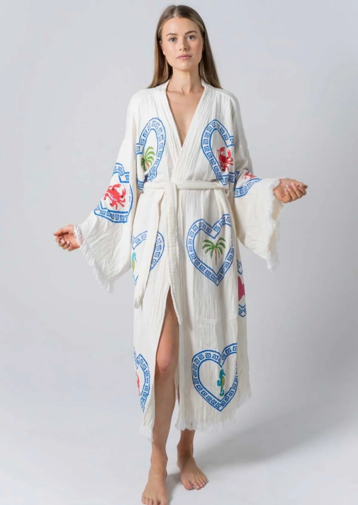 Long Natural Robe - Multi Hand Pressed Motif