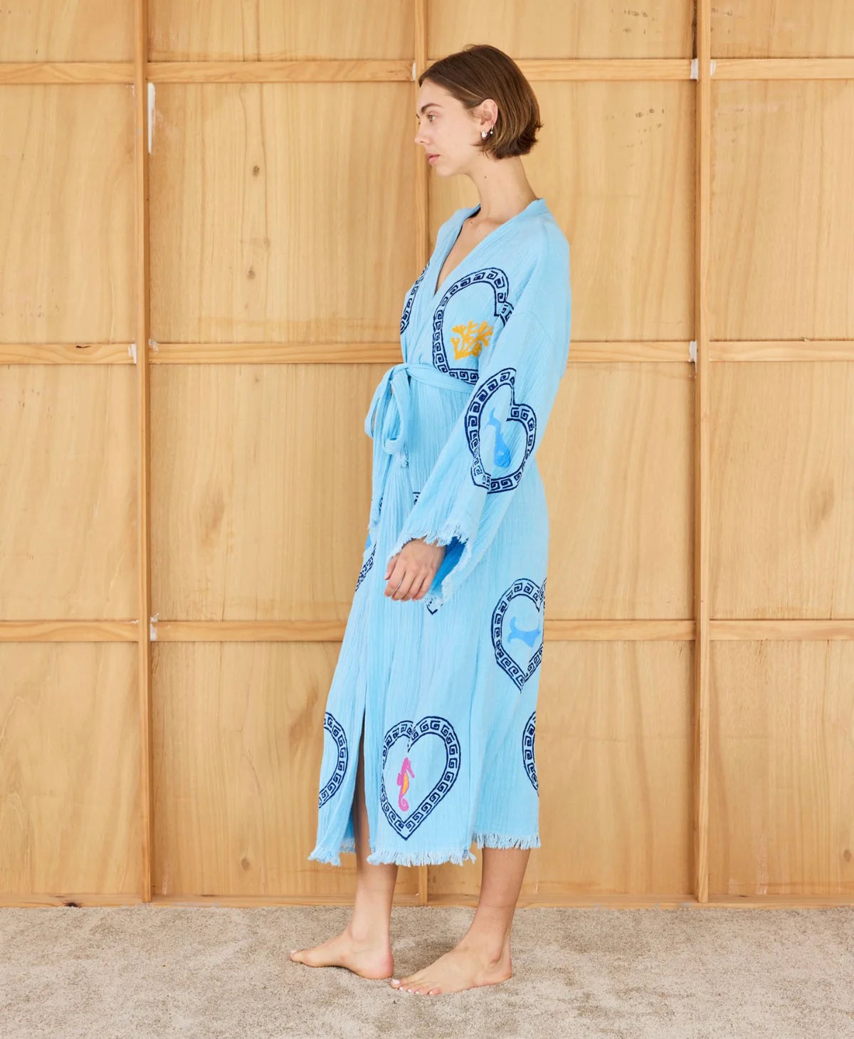 Long Azure Sardine Coral Robe ~ Hand Pressed Motif