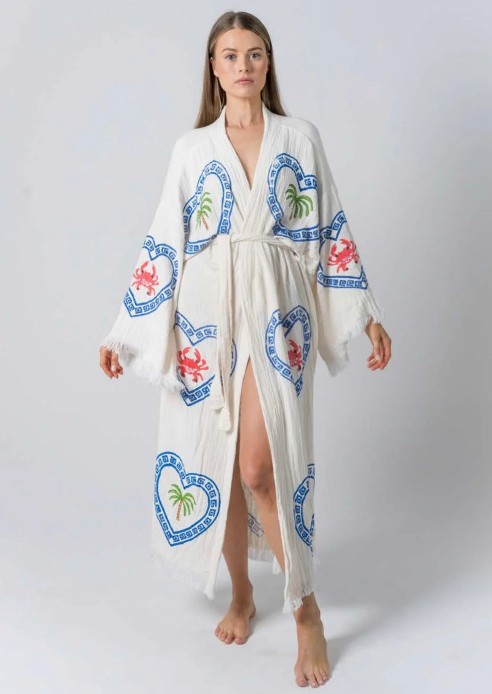 Long Natural Robe ~ Crab/Palm Hand Pressed Motif