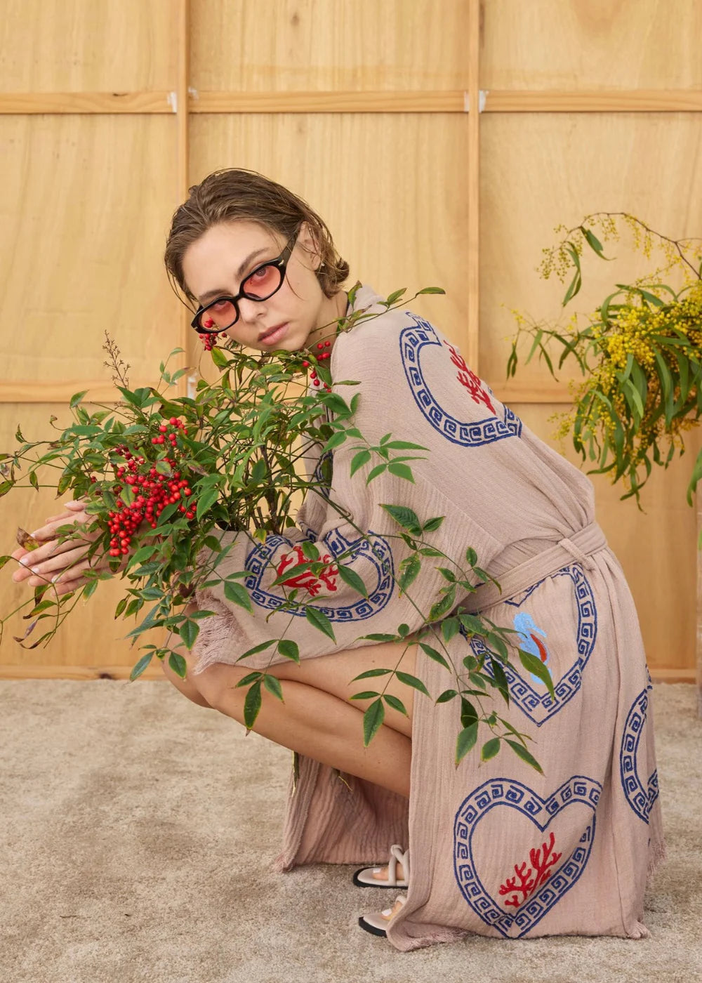 Midi Tan Coral Seahorse Robe ~ Hand Pressed Motif