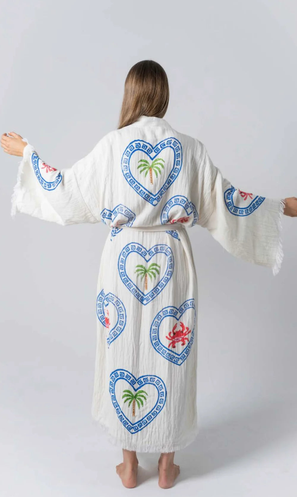 Long Natural Robe ~ Crab/Palm Hand Pressed Motif