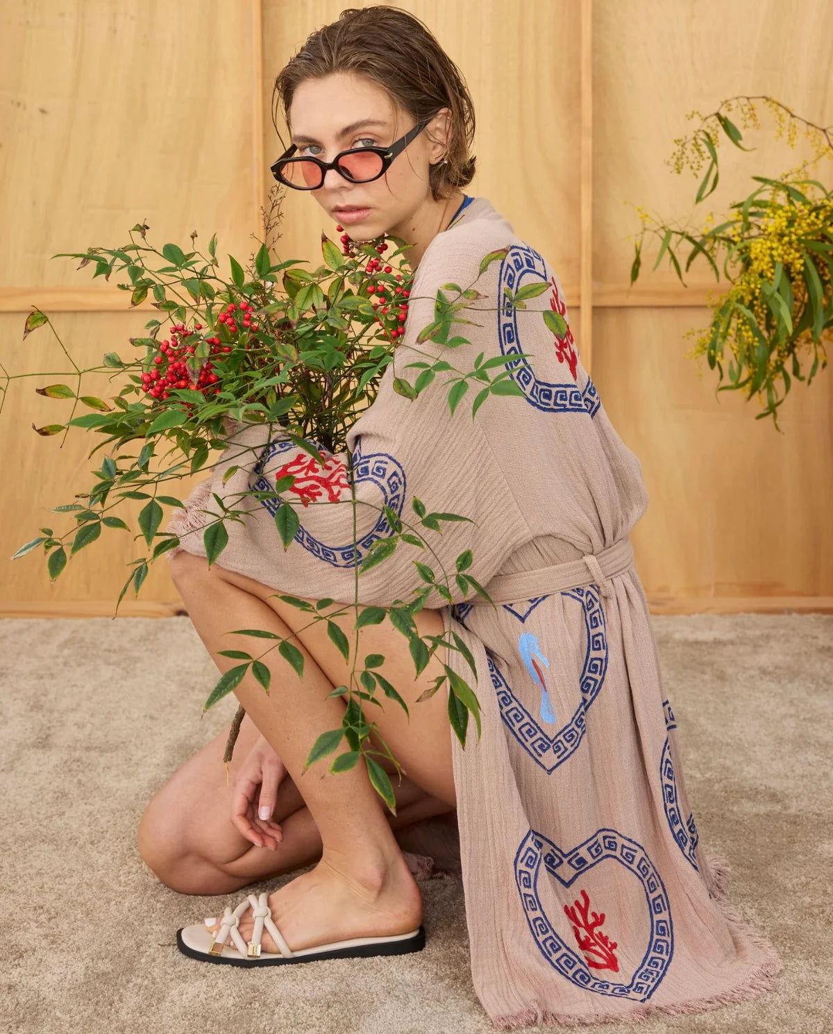 Midi Tan Coral Seahorse Robe ~ Hand Pressed Motif